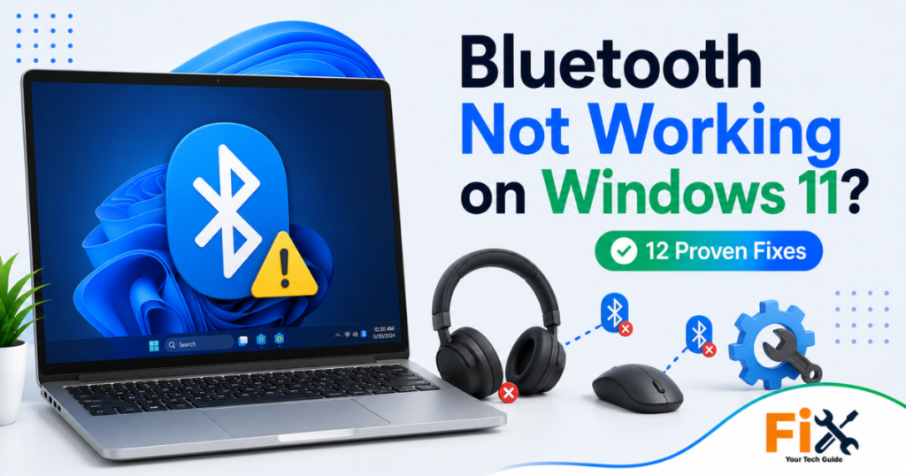 Windows 11 laptop showing Bluetooth connection problems.