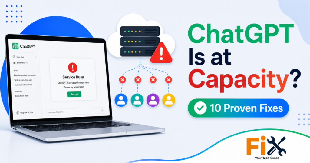ChatGPT is at capacity error message showing server overload issue.