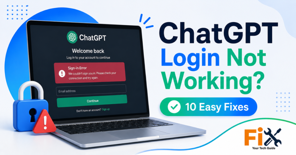 Laptop displaying a ChatGPT login error with a warning icon.