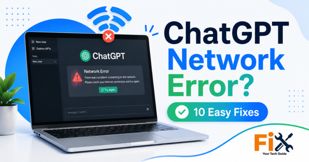 Laptop showing ChatGPT network error message while generating a response.