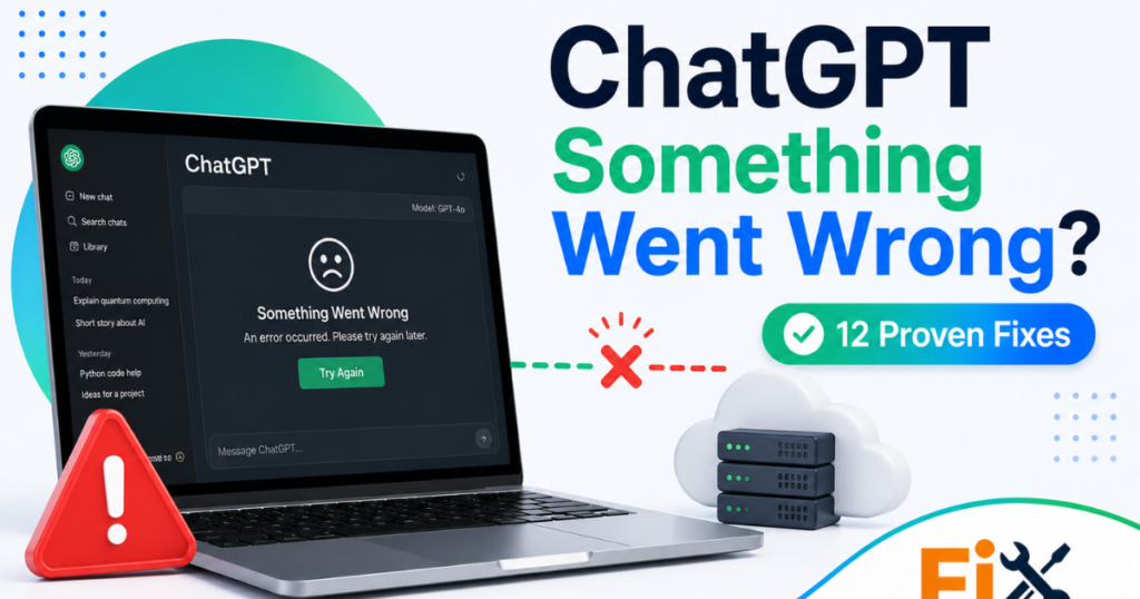 Laptop displaying ChatGPT Something Went Wrong error message.