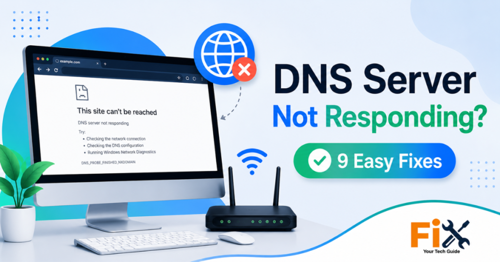 Windows computer showing DNS server not responding error.