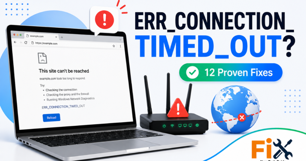 Laptop showing ERR_CONNECTION_TIMED_OUT error in Google Chrome.