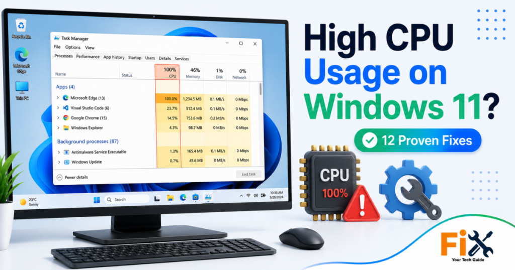 Windows 11 Task Manager showing 100 percent CPU usage.