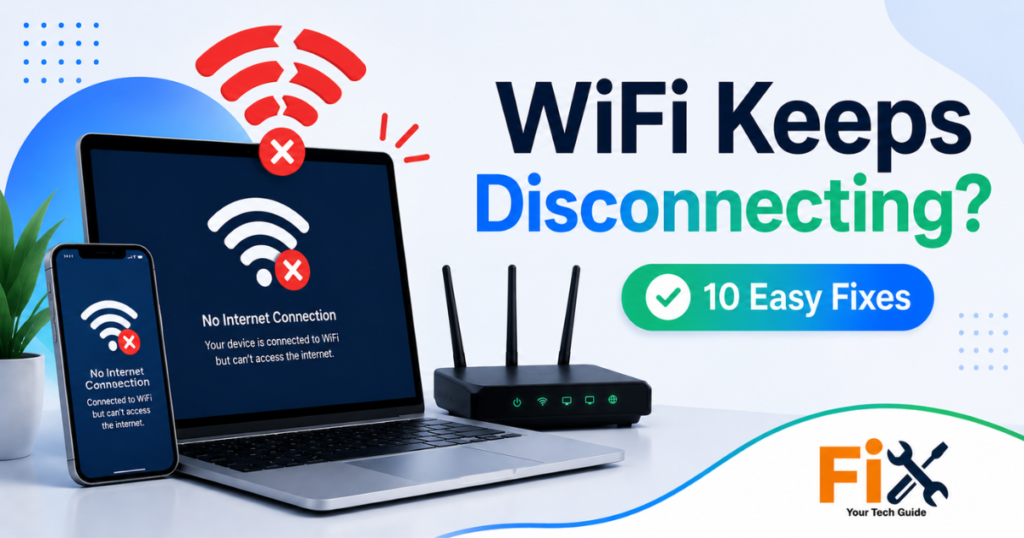 Laptop and smartphone showing WiFi keeps disconnecting issue.