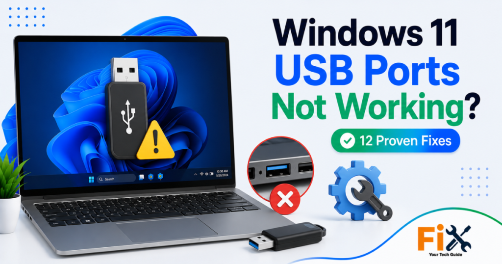 Windows 11 laptop with USB device not recognized error.