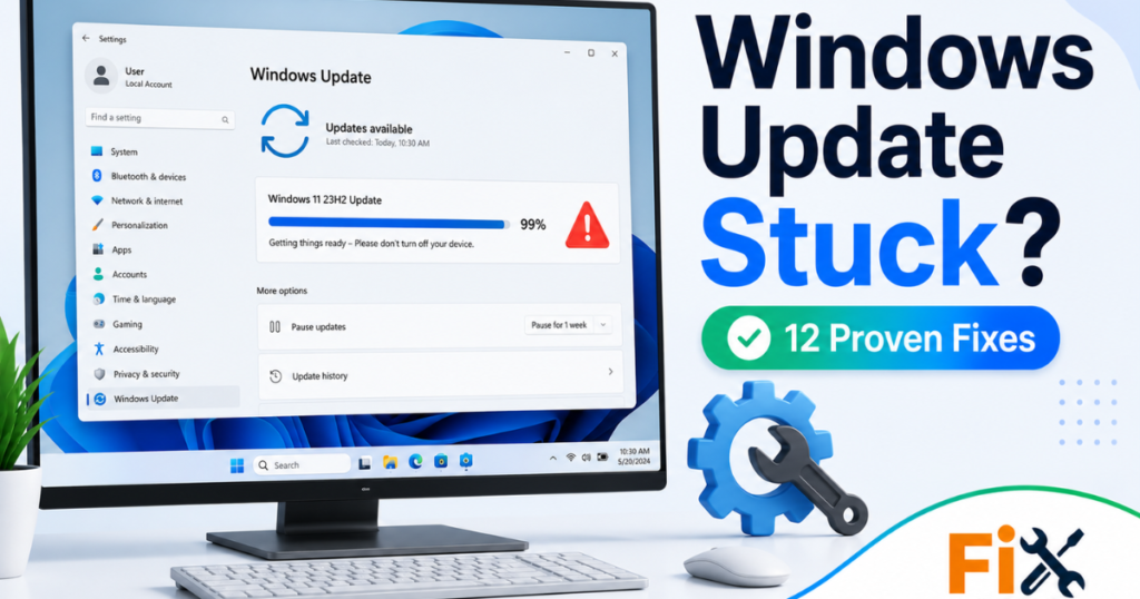 Windows 11 update stuck at 99 percent during installation.